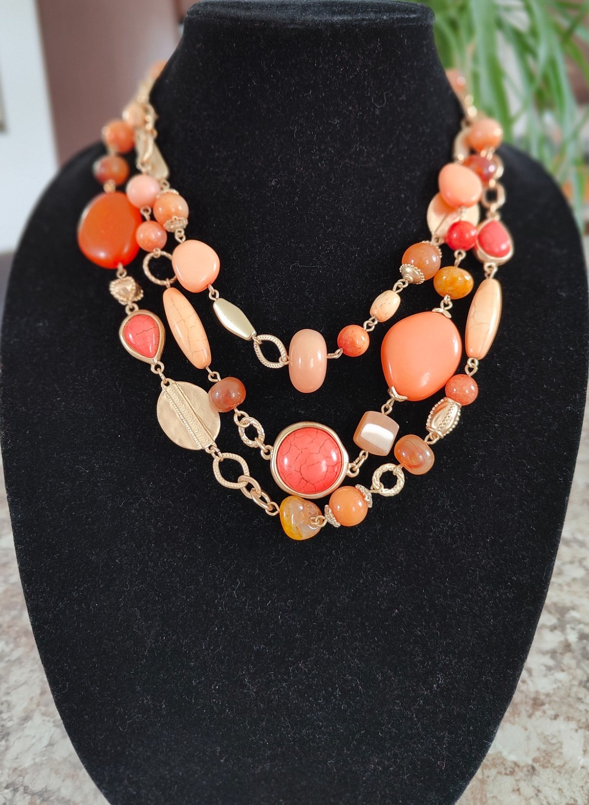 Chico’s Chunky 3 Strand Statement Necklace Coral Orange Gold Tone Boho