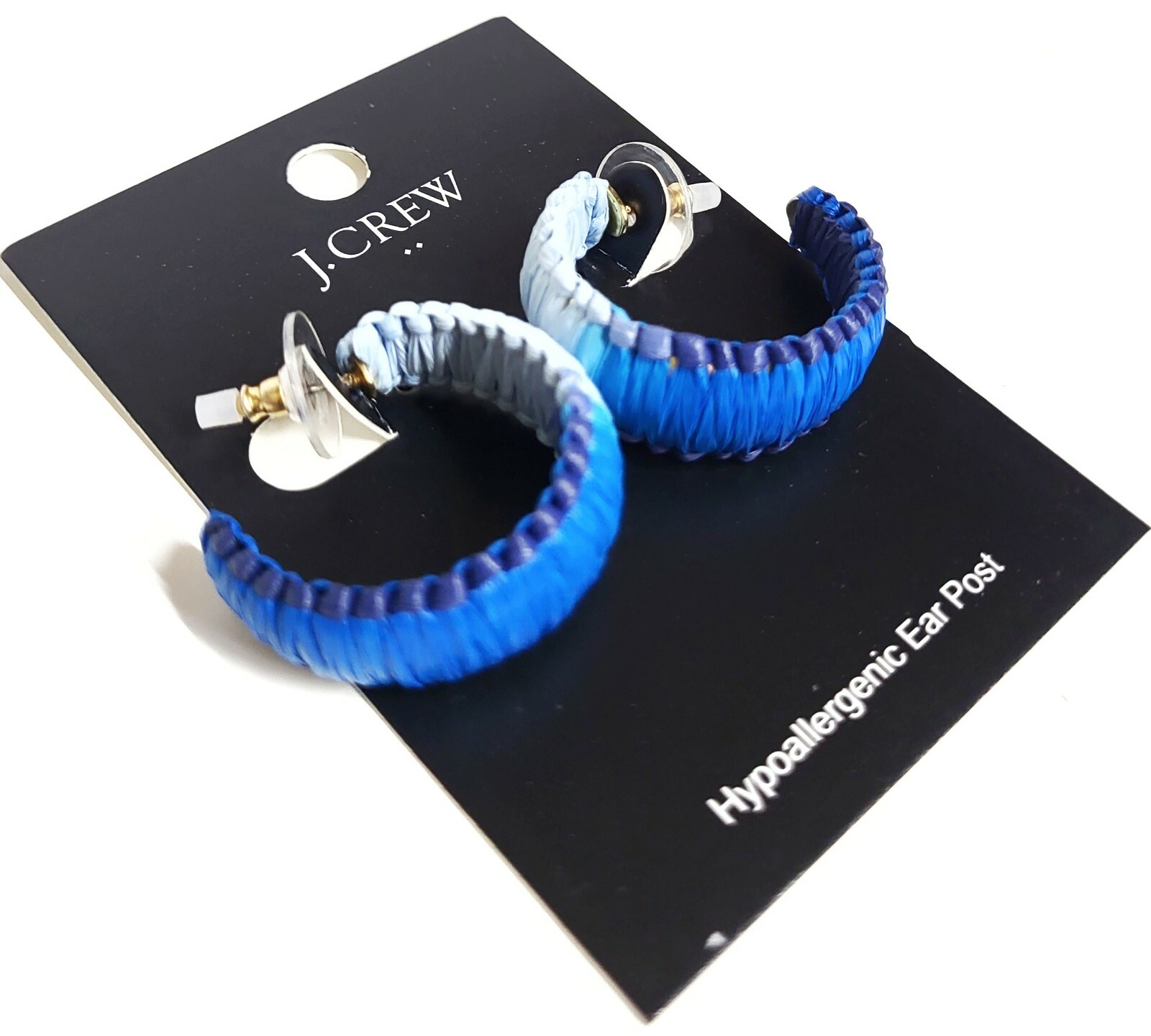 J.Crew Factory Raffia Wrapped Hoop Earrings Blue Ombre Multi Hypoallergenic NWT