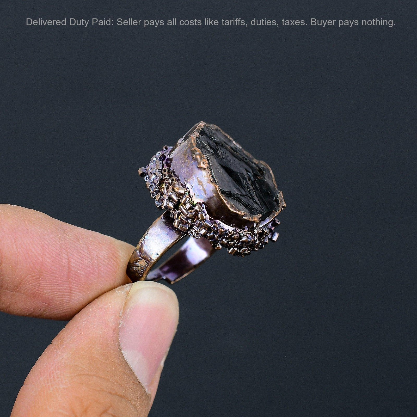 Copper Black Tourmaline Rough Stone Solitaire Electroformed Artisan Ring Jewelry