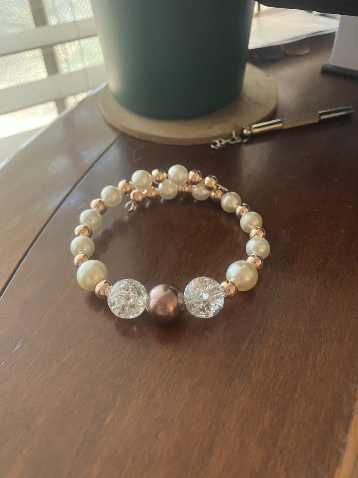 Vintage Upcycled glass pearl and rose gold plated memory wire bracelet