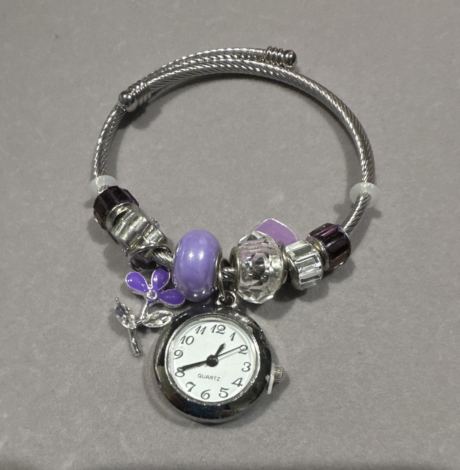 Silver-Tone Metal Bangle Charm Bracelet Purple Round Beads Dangle Watch Charm