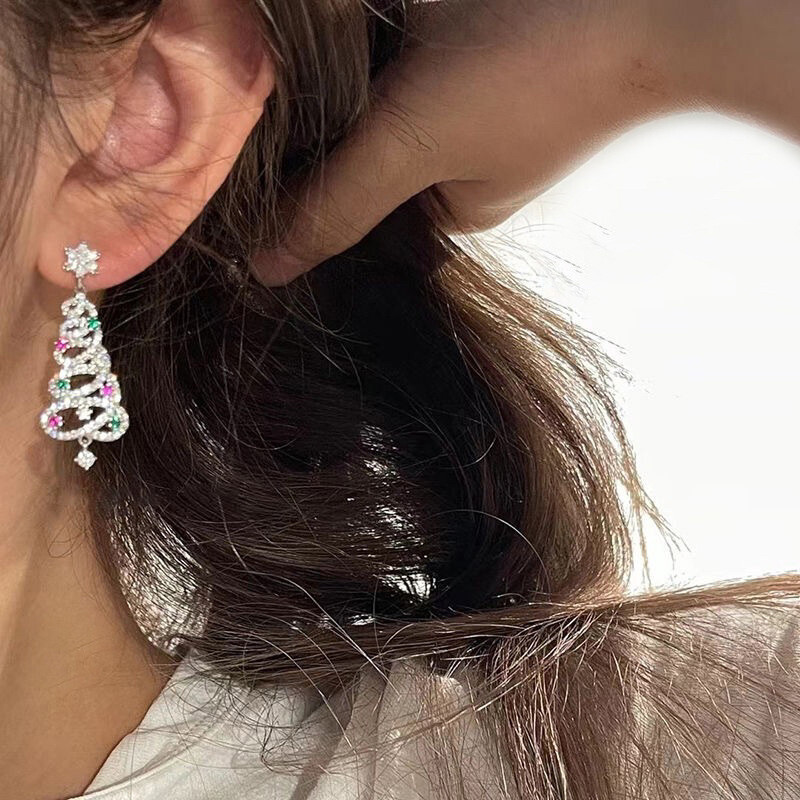 2025 Xmas 925 Silver Crystal Christmas Tree Earrings Drop Dangle Women Jewelry