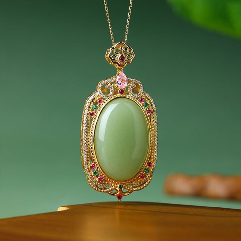 Green Jade Crystal Pendant Necklace Charm 18K Gold Plated Chain Dainty Gemstone