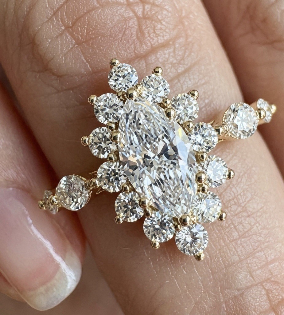 Sunburst Marquise Cut Crystal Cluster Ring 14K Gold Plated Cocktail Size 6