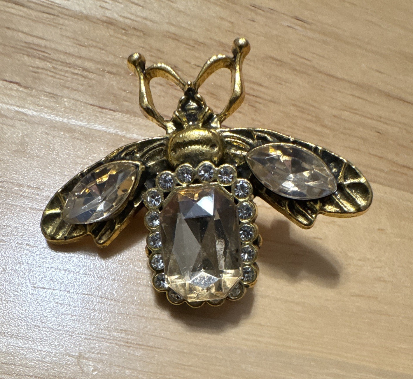 Gold Tone Bee Brooch Pin Clear Oval Crystal Rhinestones Halo Setting