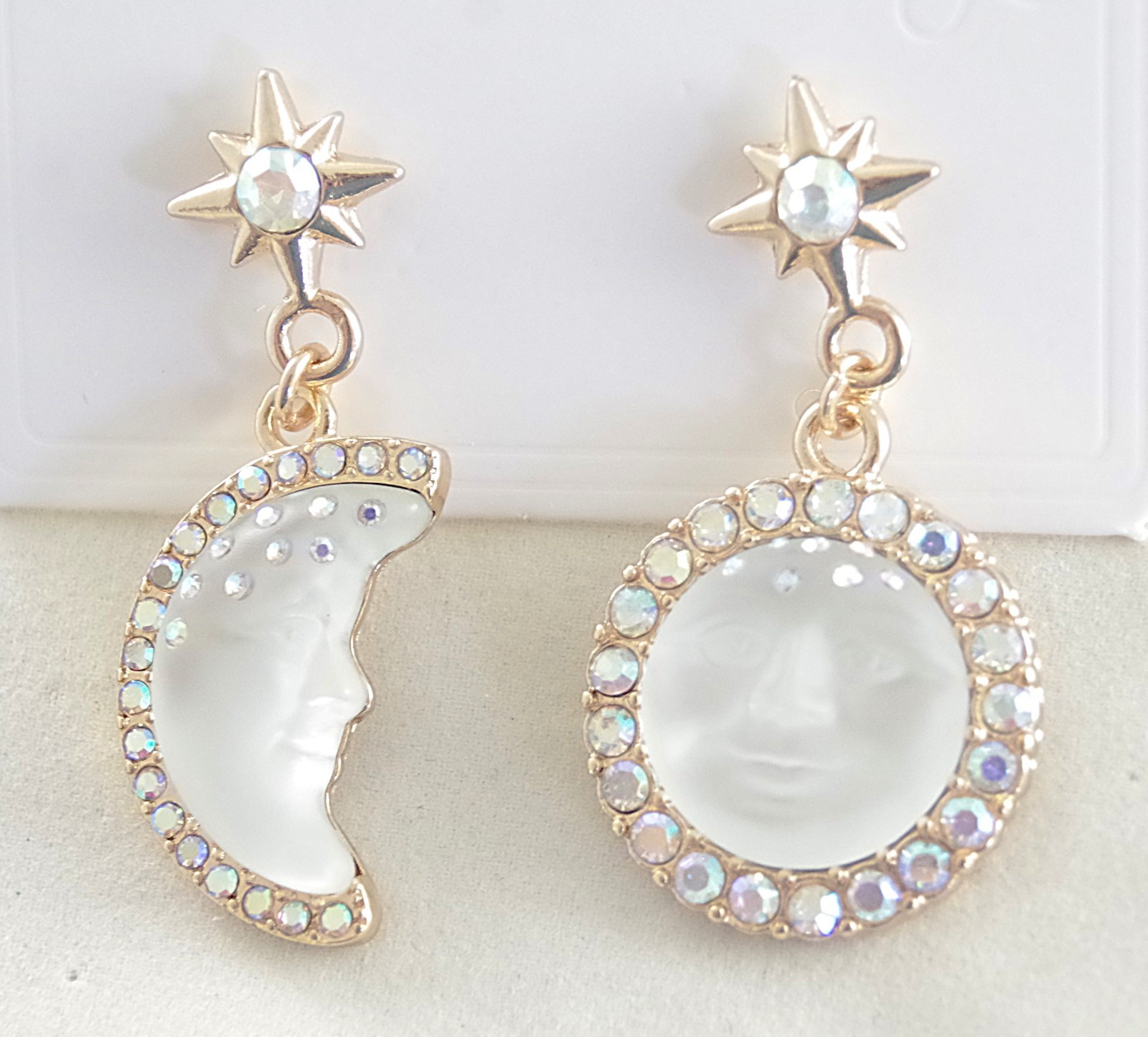 2″ KIRKS FOLLY WHITE SEAVIEW MOON FACE CRYSTAL RHINESTONE DROP DANGLE EARRINGS