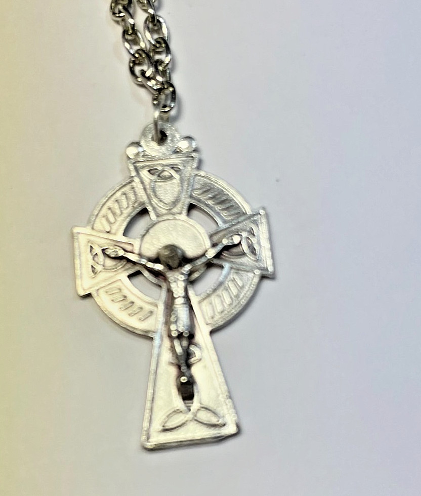 Irish Crucifix Necklace, Silver, 24 ” Chain, Lobster Claw Fastener