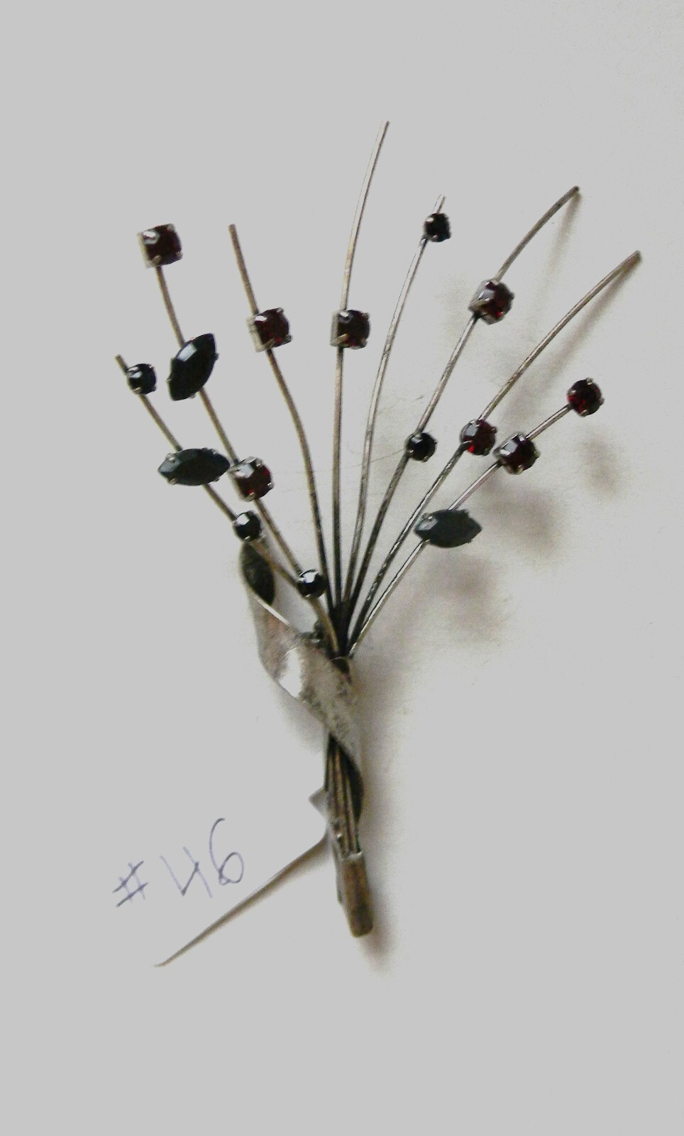 Brooch 2.5″ x 3.5″ Silver-Tone Floral Spray of Red Rhinestone Blooms ~46 no mark