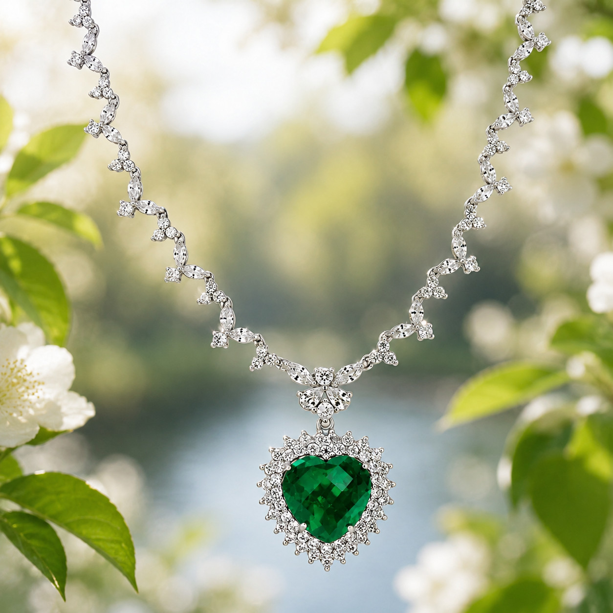 41ct Simulated Green Emerald/Diamond Women’s Tennis Necklace White Gold Plated