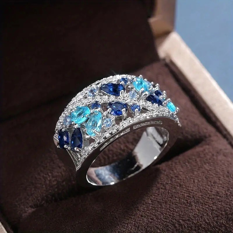 Elegant 925 Sterling Silver Blue White Topaz Wedding Engagement Ring Size 8