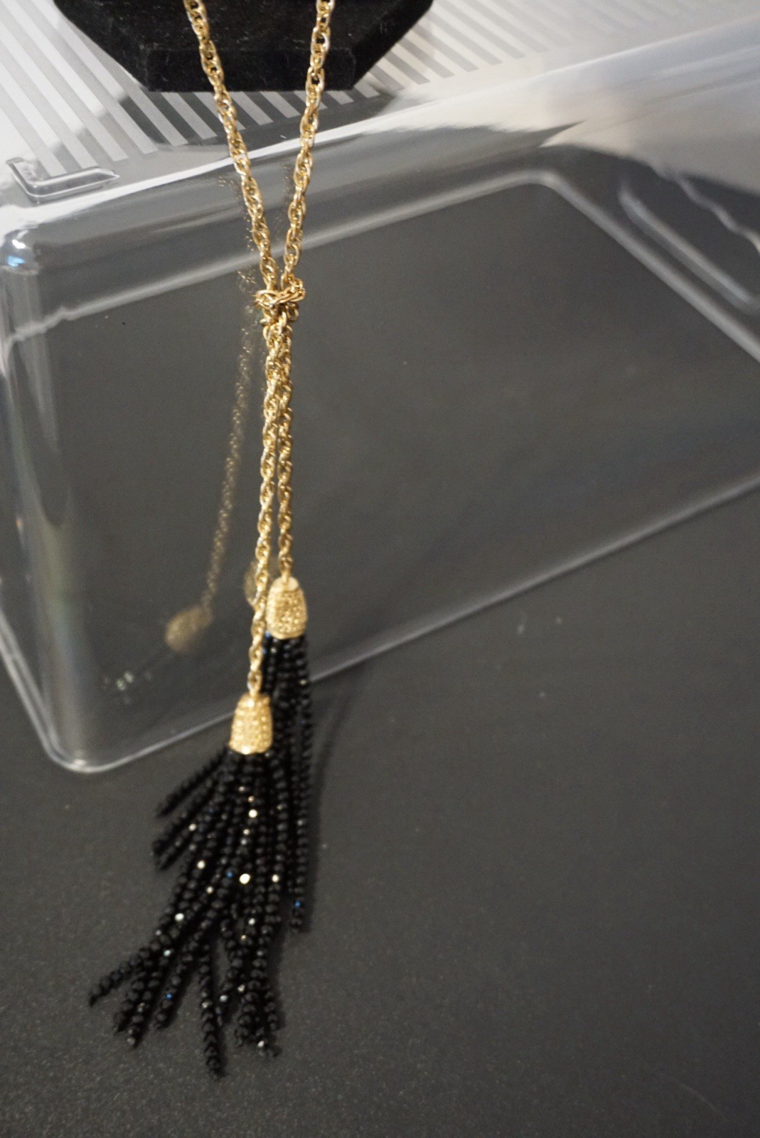 Gold Tone Rope Chain Lariat Necklace with Black Beaded Tassels
