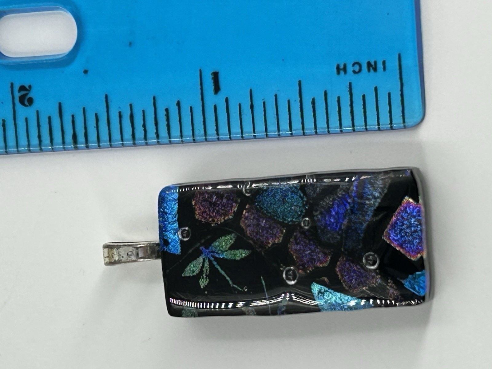 Art Glass Pendant Dragon Fly Purple Blue Glitter Rectangle 1.5 Inch No Chain