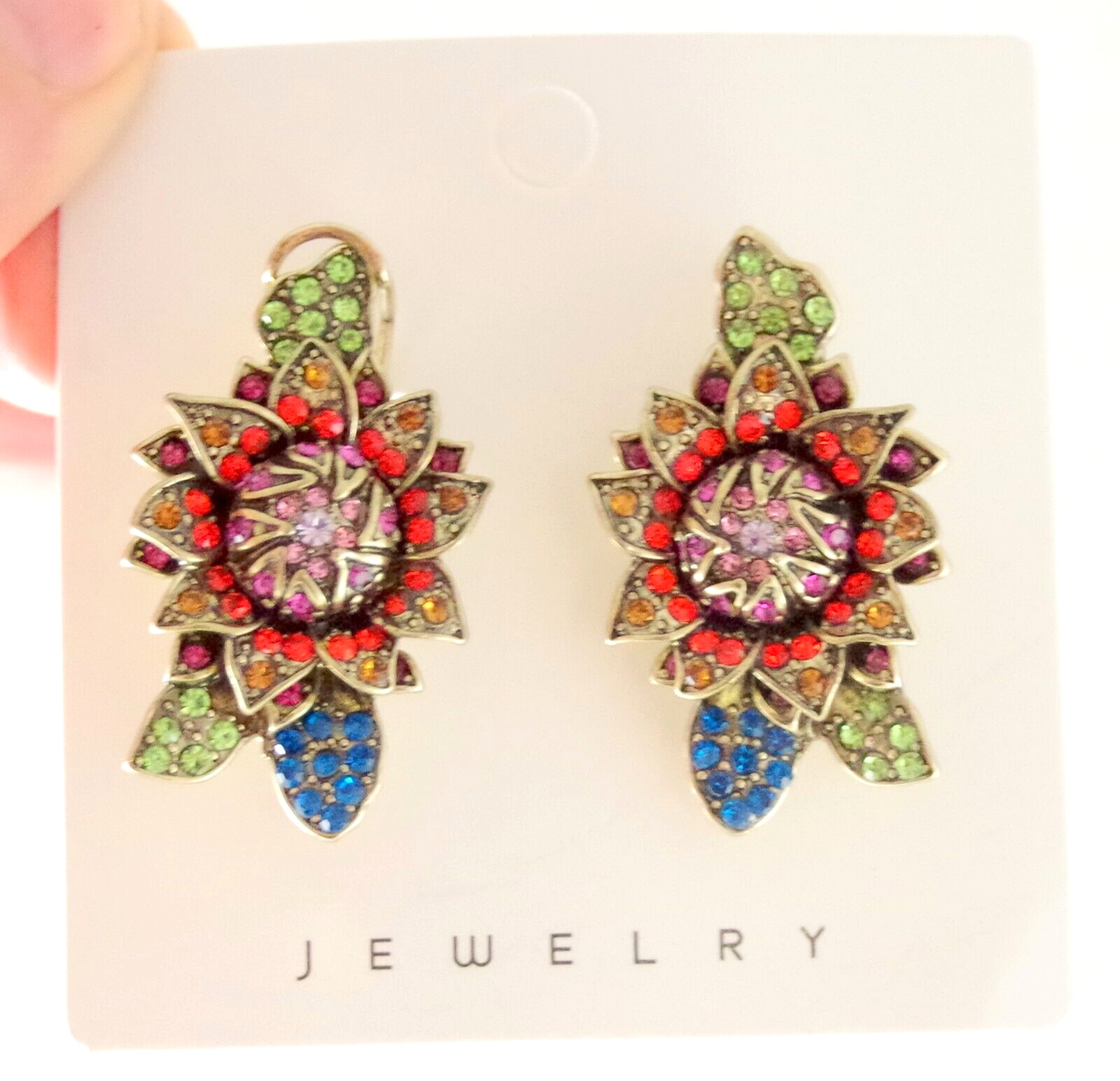1 5/8″ DESIGNER STYLE MOODY HUES CRYSTAL RHINESTONE CABBAGE ROSE FLOWER EARRINGS