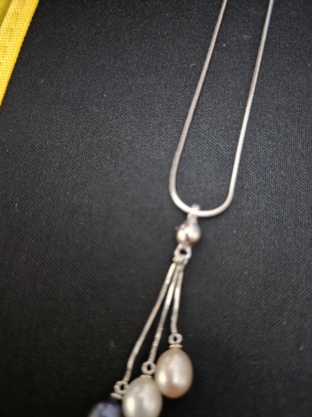 Snake Chain Necklace with Three Oval Pearl Pendants in Silver Tone
