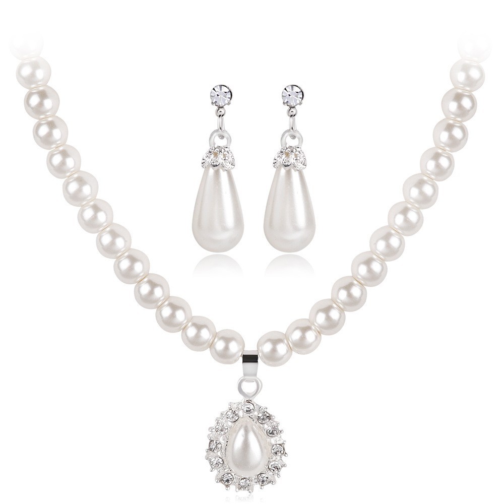 Pearl Necklace & Earrings Set White Teardrop Pendant Crystal Bridal Wedding set