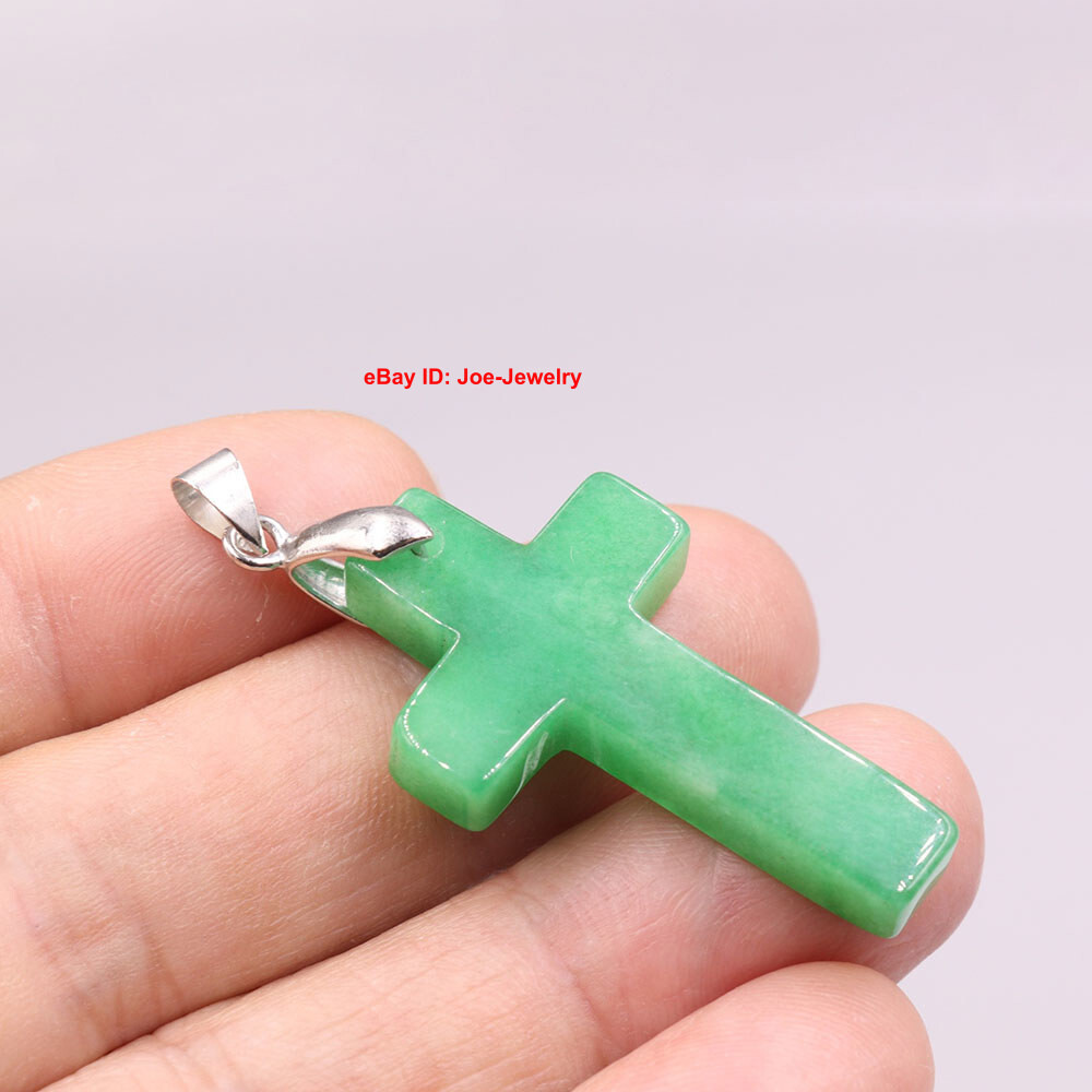 New Arrival White Alloy Heated Green Jade Cross Pendant 1.45inch H GIFT