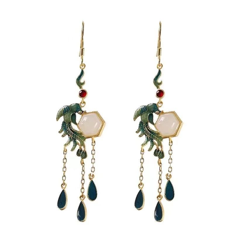 Vintage Chinese Style Hetian Inlay Earrings Stud Jewelry Women Accessories