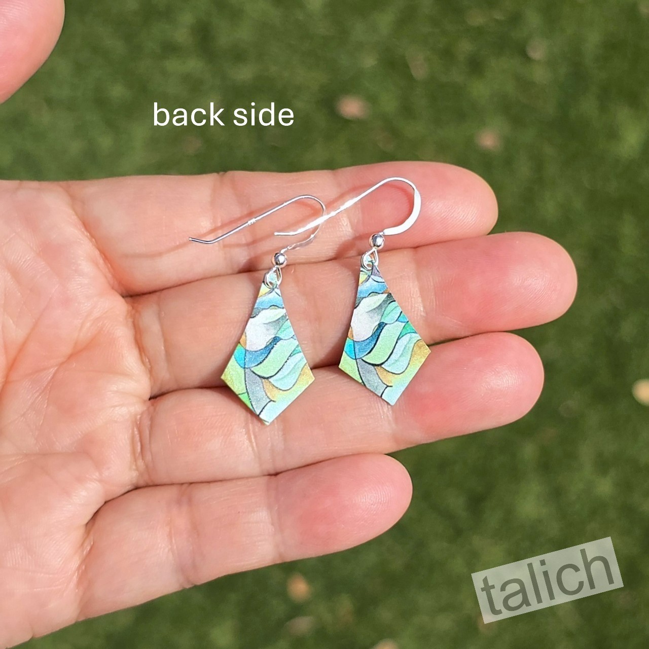 DC Designs Cool Greens Abstract Art Print Small Drop Earrings Handmade Unique