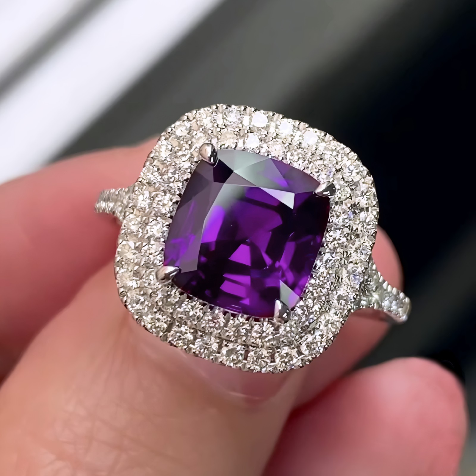 Natural Purple Amethyst Halo Ring 925 Sterling Silver Cushion Cut Handmade Fine