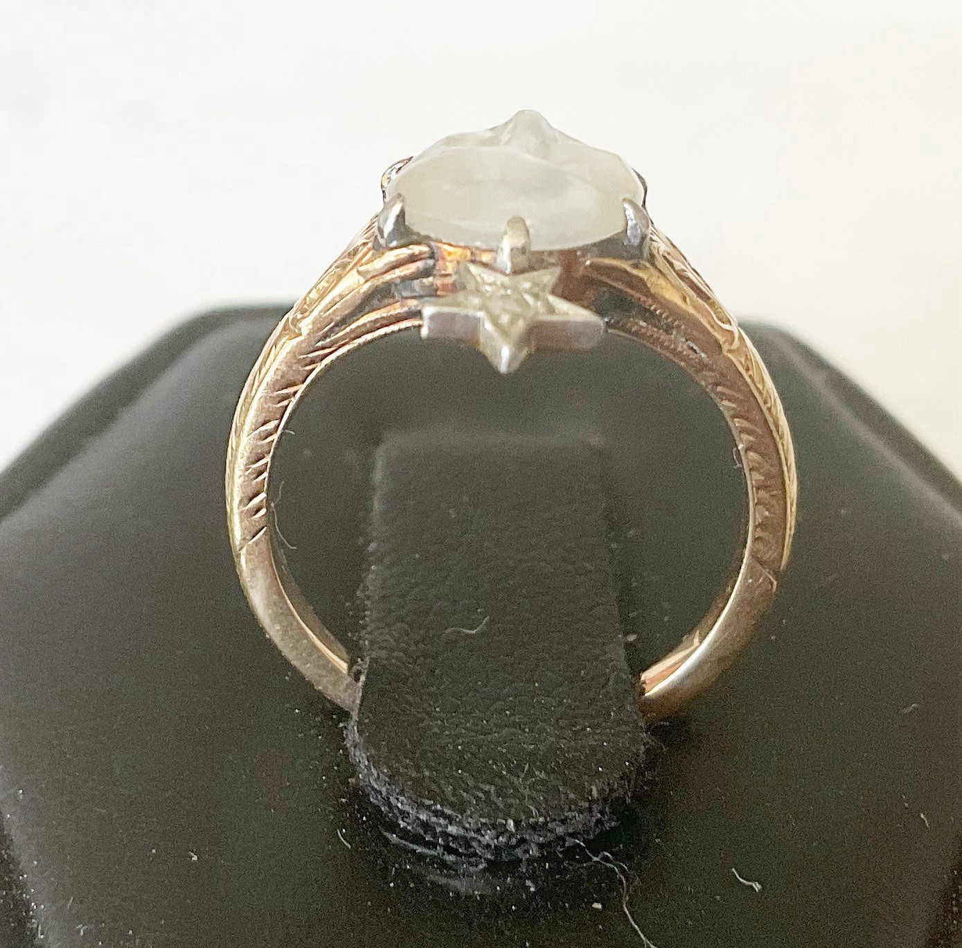 Antique Victorian 14k Ring With Carved Moon face Moonstone Diamond G2U