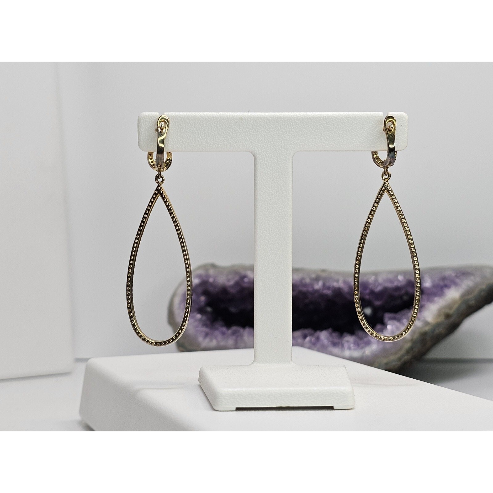 925 Sterling Silver – Gold Plated – CZ Double Halo Drop Earrings [Plating Wear]