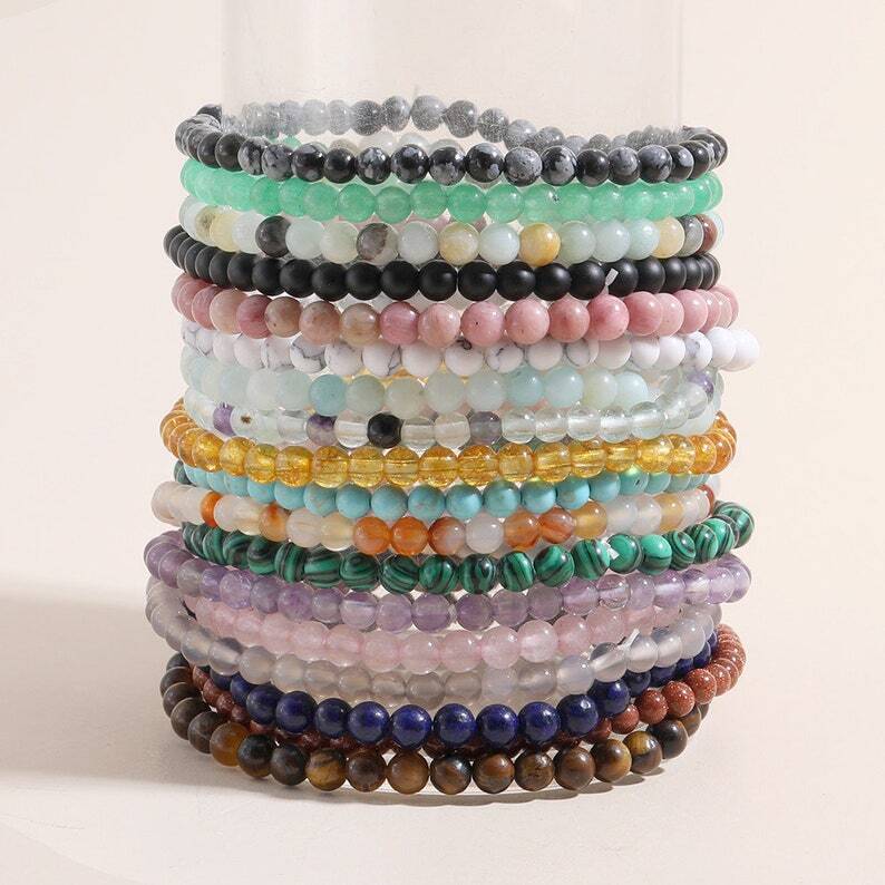 Handmade 15Pcs Mixed Natural Gemstone Round Beads Stretchy Bracelet Reiki Chakra