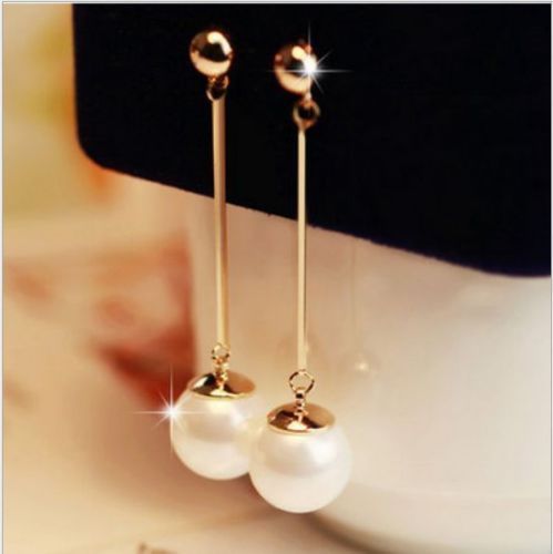 Pretty New Fun & Flirty Long 2.5″ Gold Bar Pearl Stud Dangle Drop Earrings