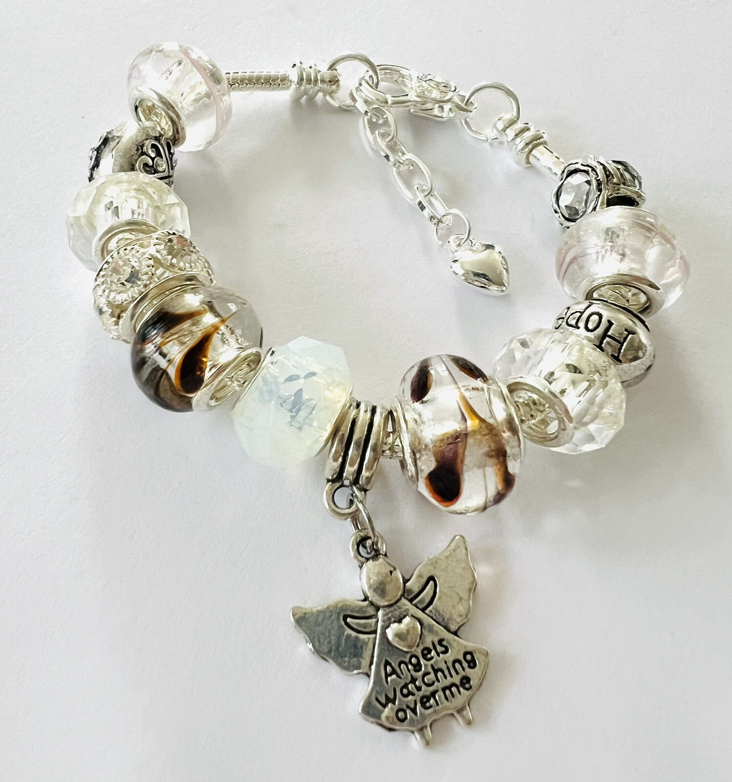 White & Silver Angel Birthday, Anniversary, European Charm Bracelet 5.5-6.5”