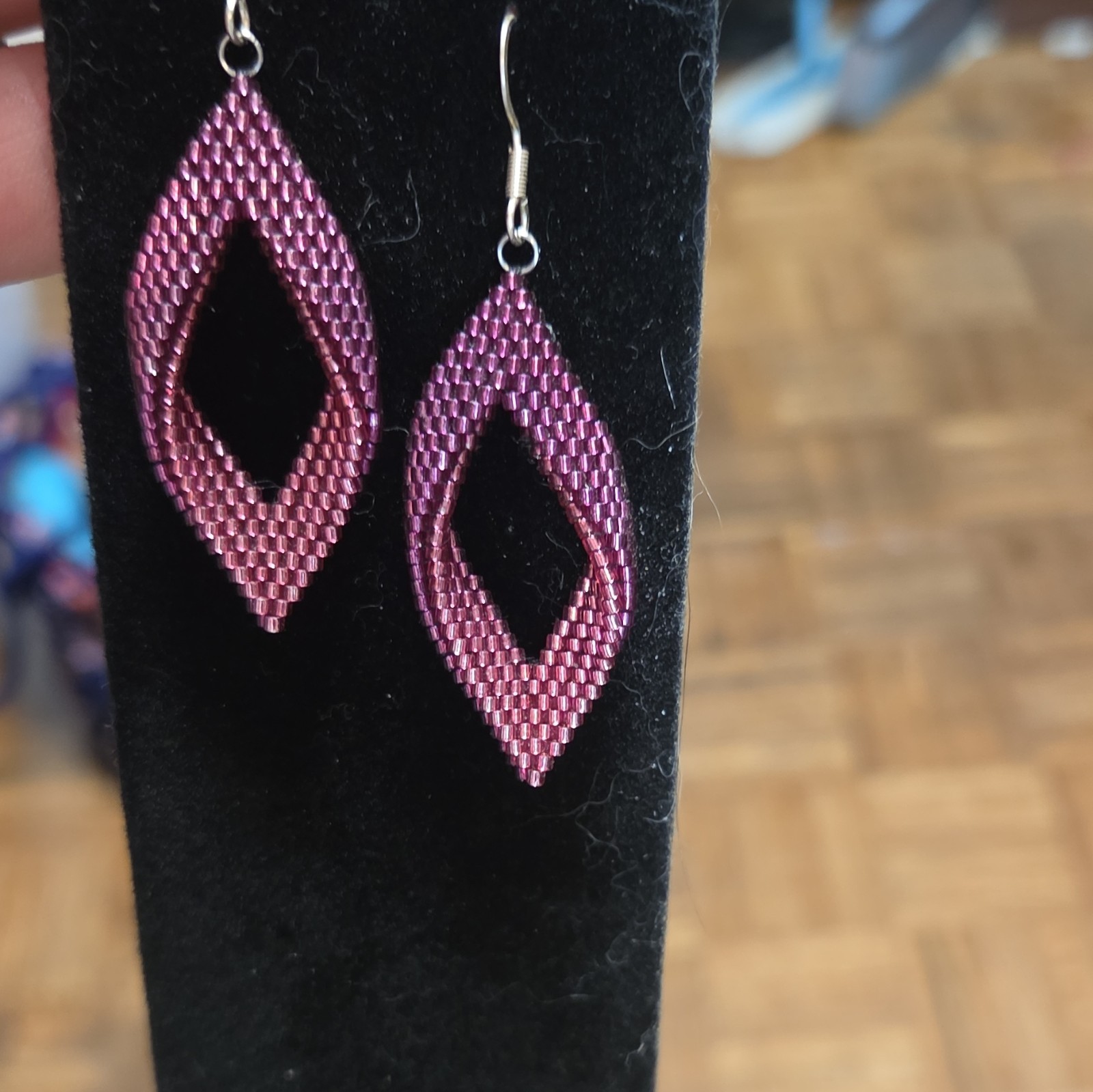 Purple Glass Beaded Dangle Drop Marquise Earrings Hook Nickel-Free Bohemian