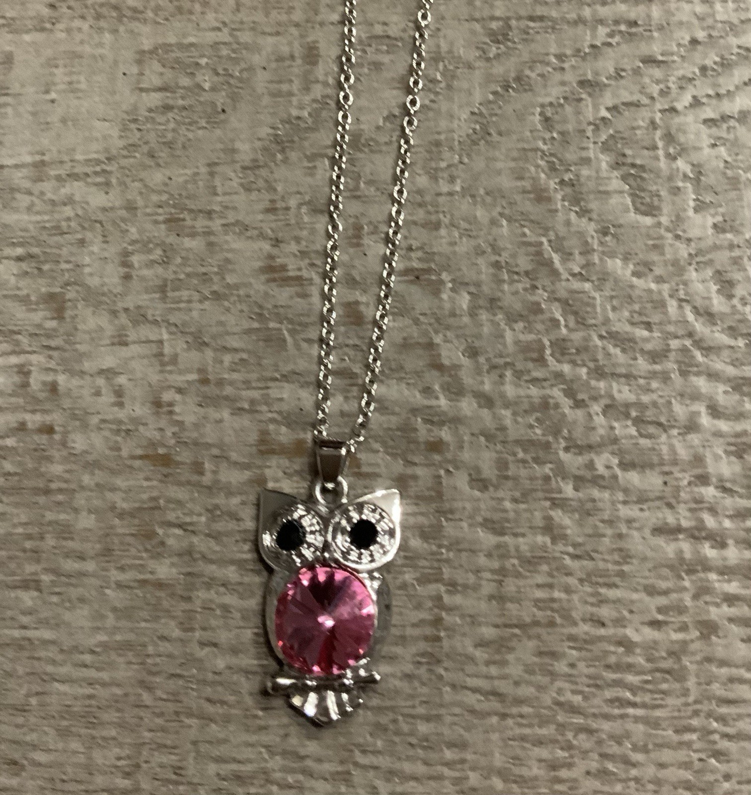 Owl Pendant Necklace Lot – Pink & Clear Crystal Owls – Silver Tone – 18” Chain