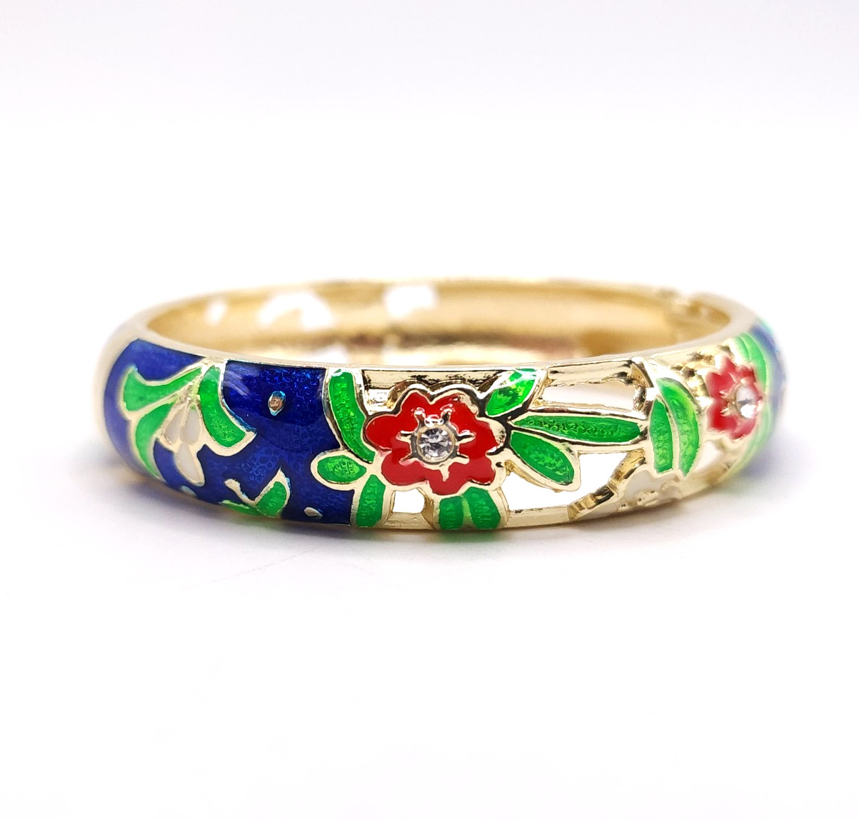 18K Gold Plated Floral Enamel Bangle Blue Red Green White Rhinestone Bracelet