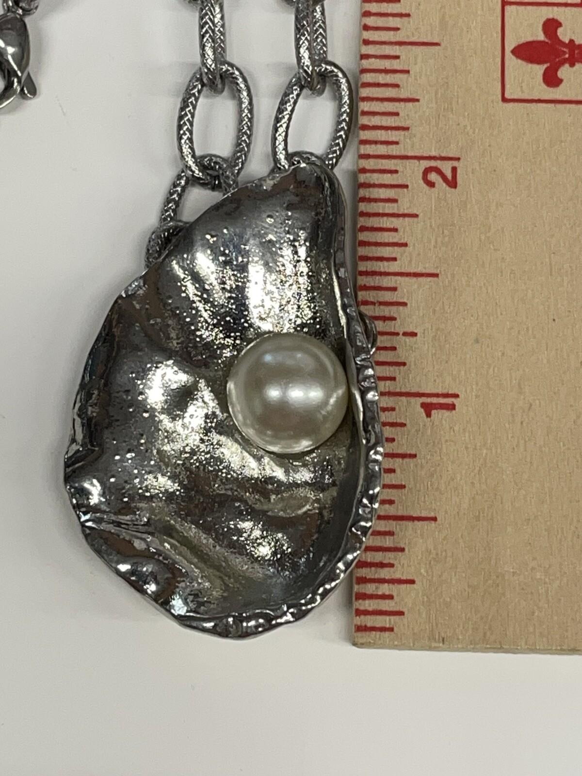 Oyster Shell Pearl Silver Necklace 18″ Stainless Brushed Link Chain Coastal NEW