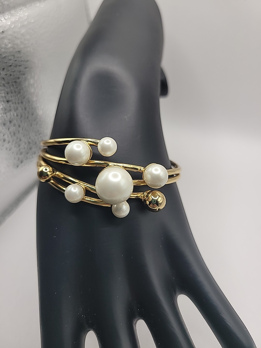 Gold Tone Faux Pearl Cuff Bracelet Multi Strand Open Bangle Statement Elegant