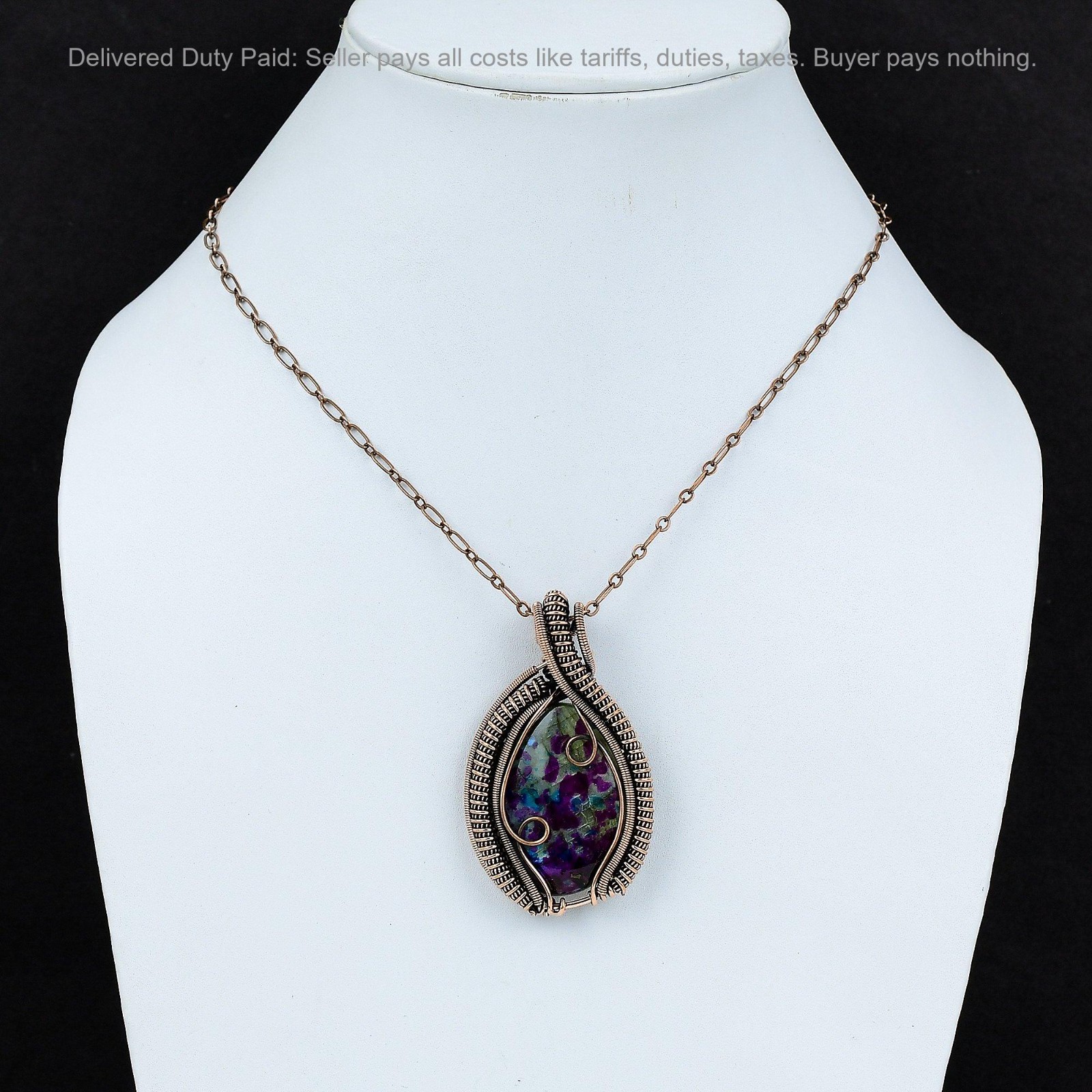 Halloween Deal Natural Multi Fire Labradorite Copper Wire Wrapped Wife Pendant