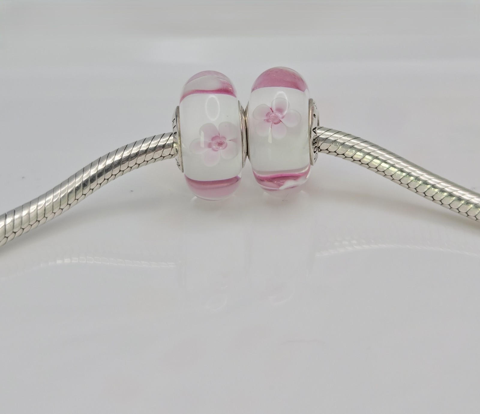 Authentic Pandora Pair of Japanese cherry blossom flowers Charms Murano Glass