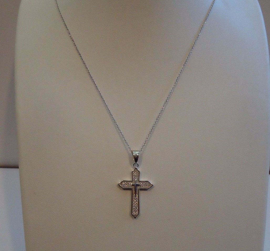 925 STERLING SILVER CROSS NECKLACE PENDANT W/ .75 CT LAB DIAMONDS/ 18” LONG