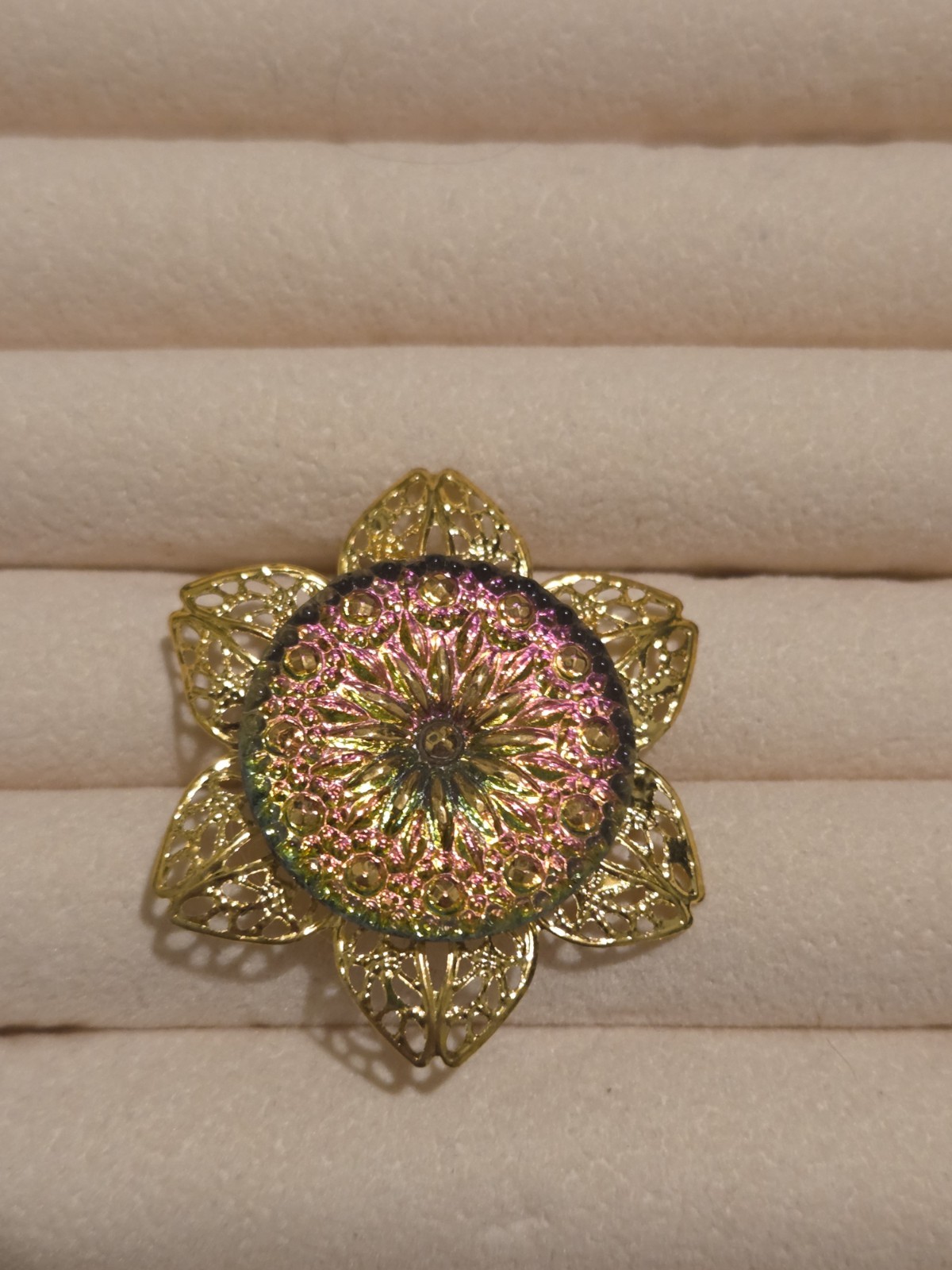Pink, Green, And Gold Czech Glass Button On Brass Flower Brooch