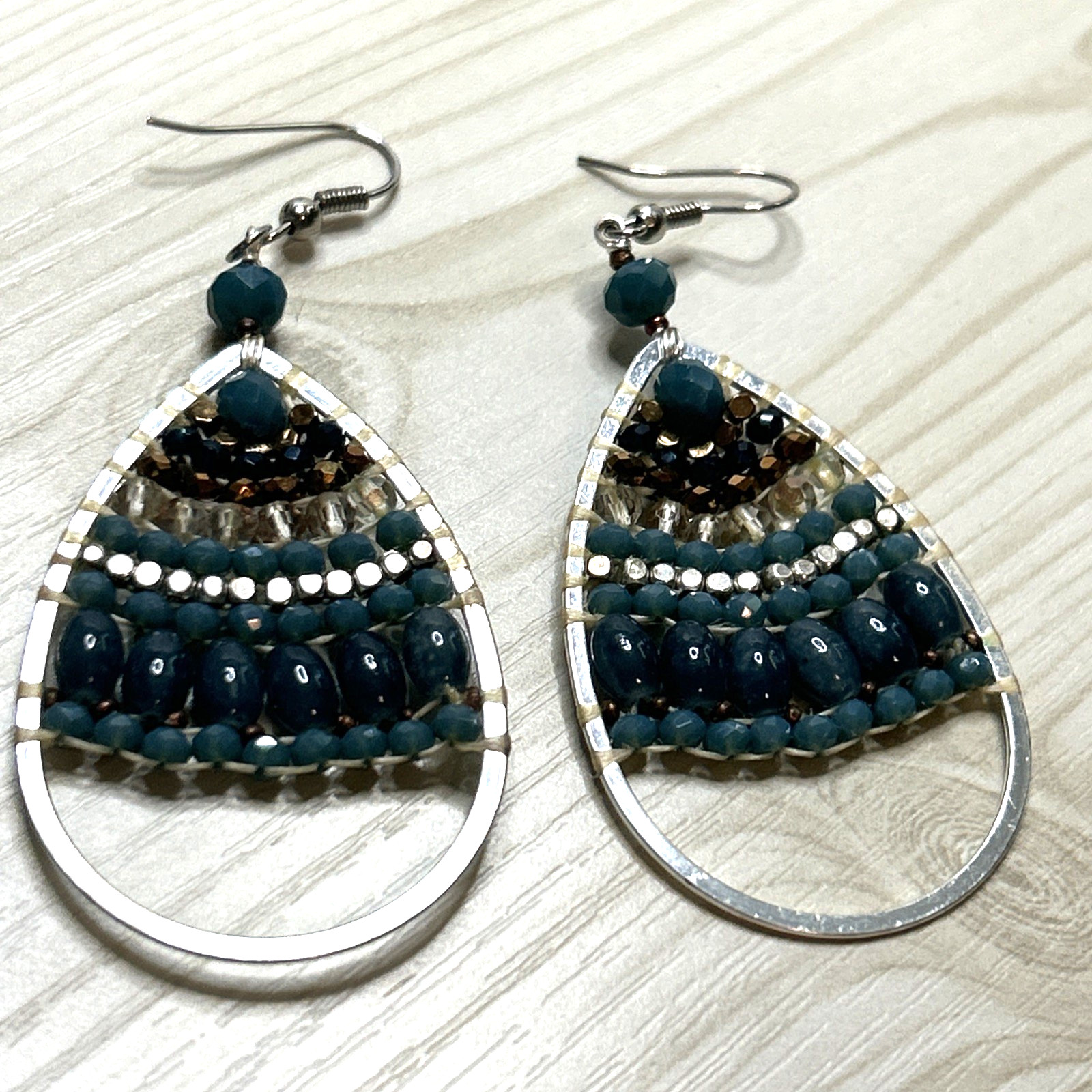 Vintage Boho Beaded Earrings Teardrop, Turquoise Beads, Wire Wrapped