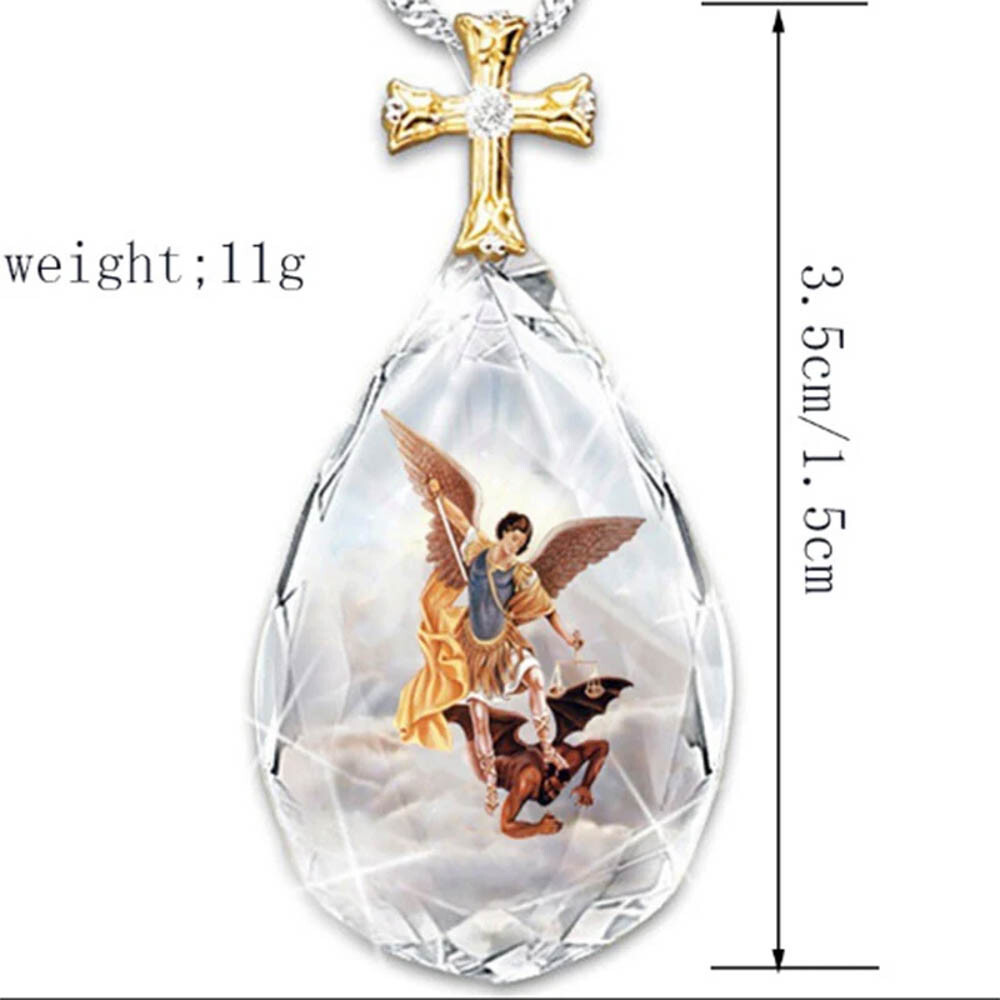 Saint St Michael Crystal Pendant Necklace – 18″ Oval Link Chain, Gold Zinc Alloy