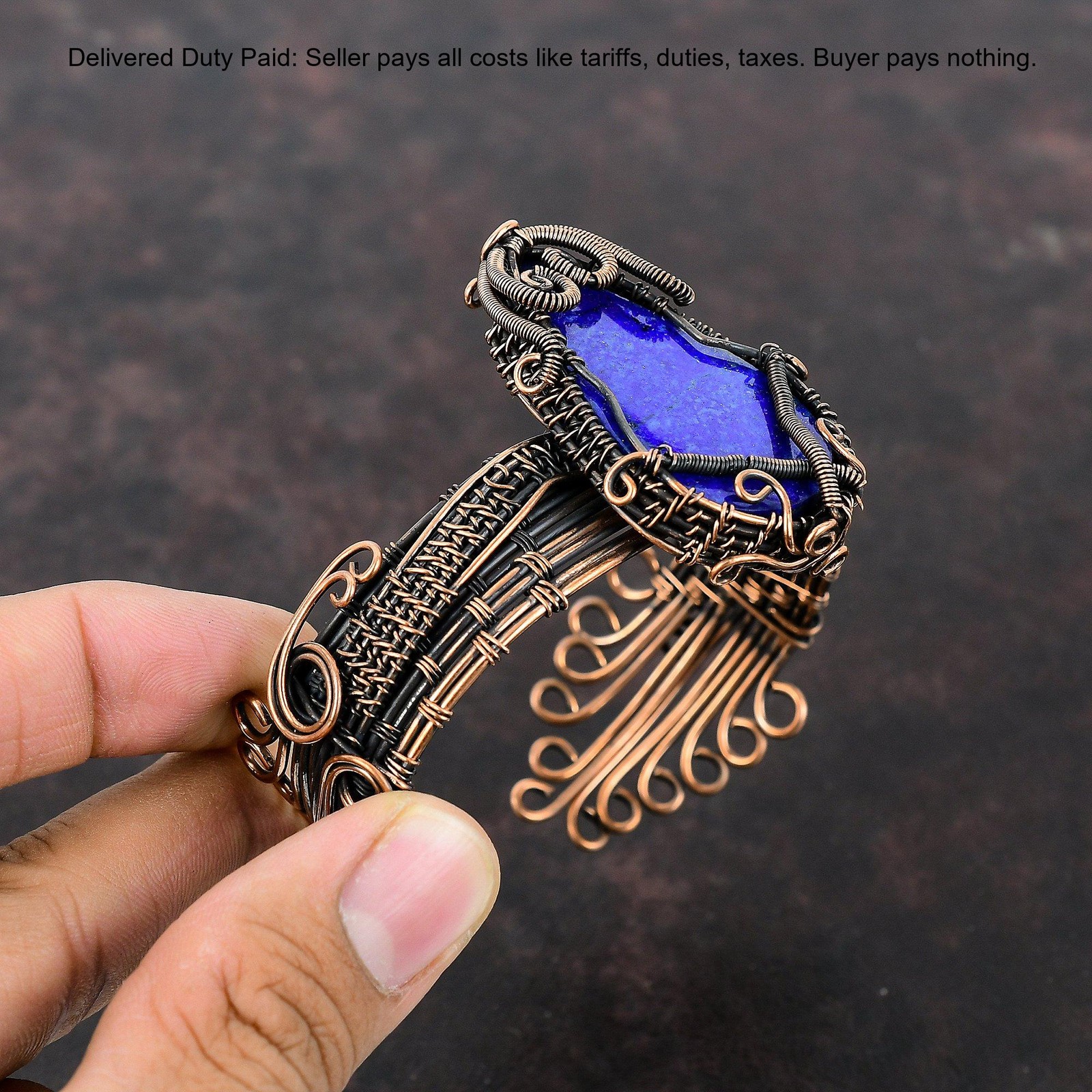 Copper September Lapis Lazuli Gemstone Wire Wrapped Handcrafted Bangle Jewelry