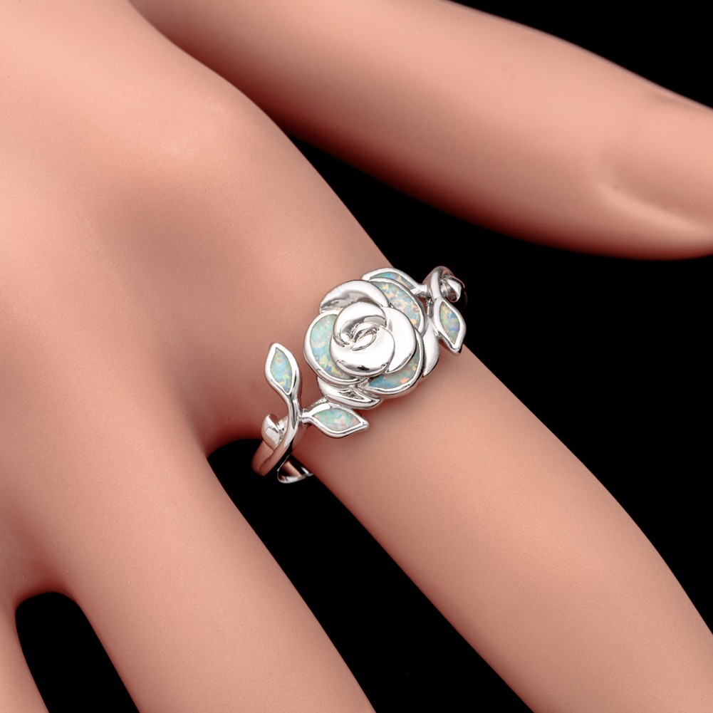 3D Flower White Fire Opal Silver Jewelry Holiday Women Cocktail Ring 6 7 8 9 10