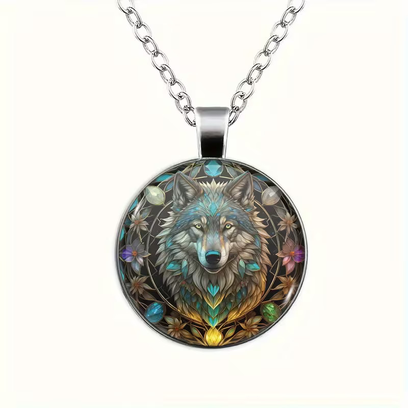 Wolf Round Necklace Jewelry Silvery Nature Animal Butterfly Pendant A