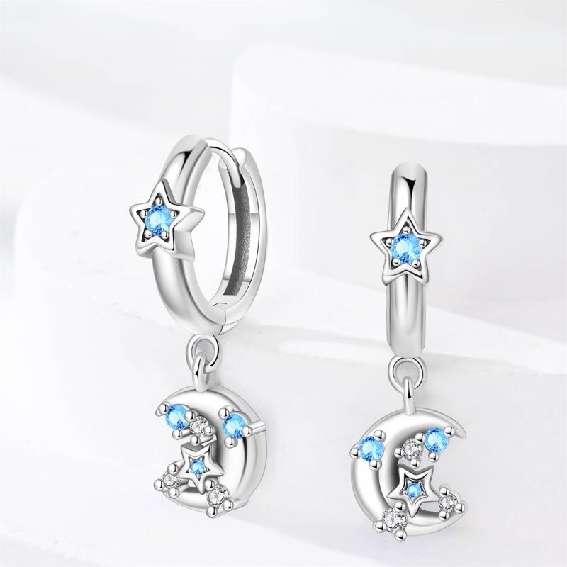 PANDACH 925 Sterling Silver Moon & Star Drop Earrings For Women Birthday Gifts