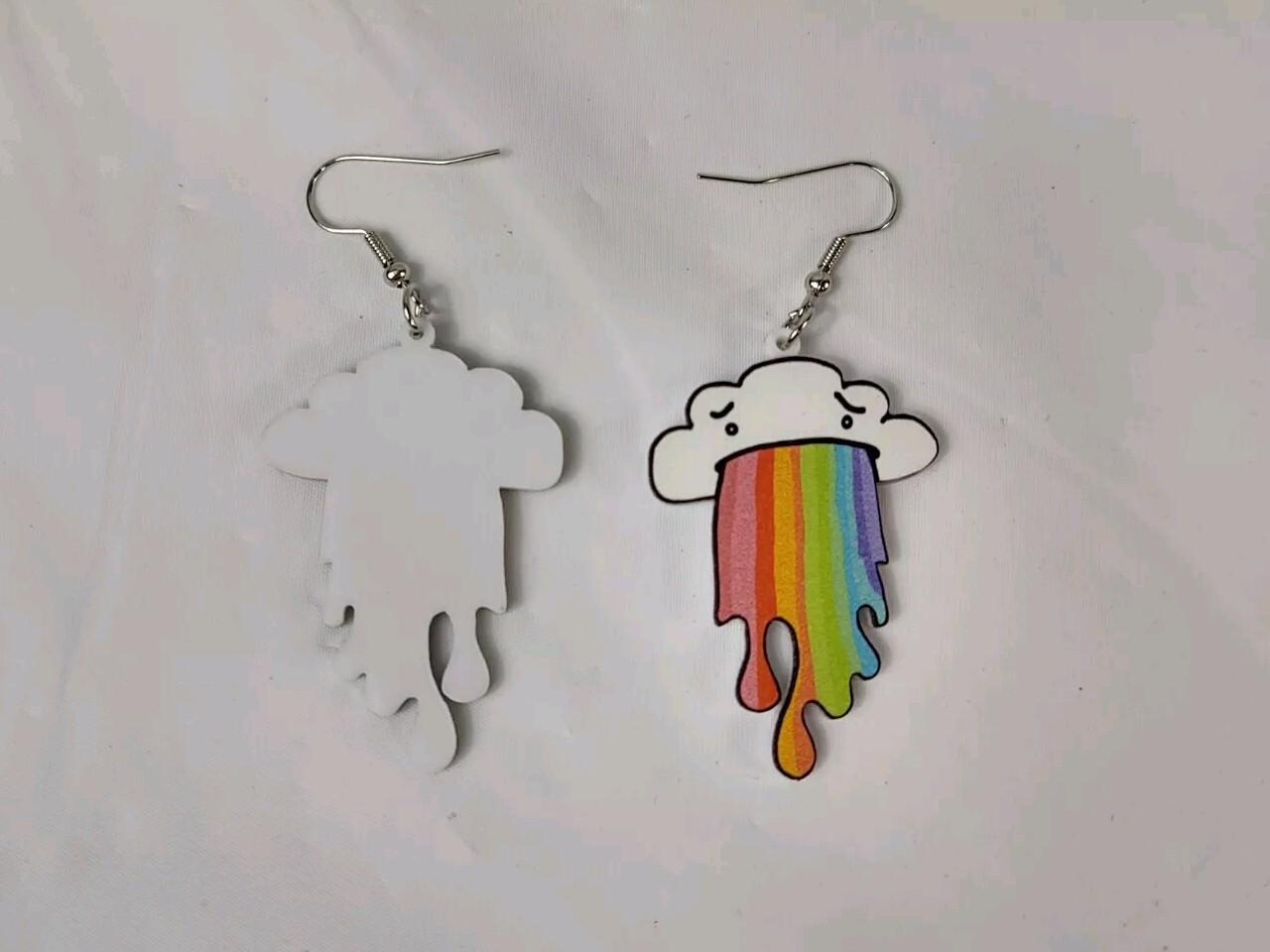 Hook Drop Dangle Pierced Earrings Big Plastic White Cloud Puking A Rainbow