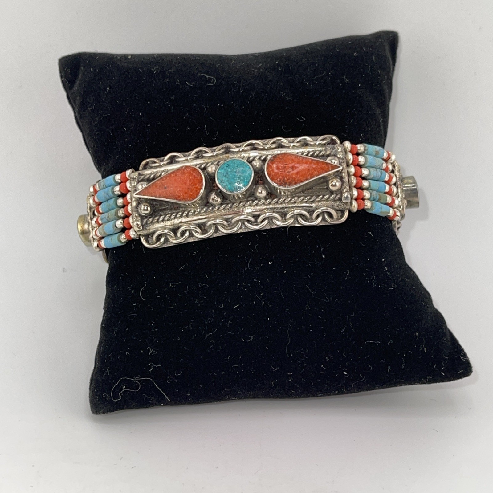 Unisex NEPAL TIBETAN HANDMADE Coral & Turquoise Bracelet Tibetan Silver 7.50”