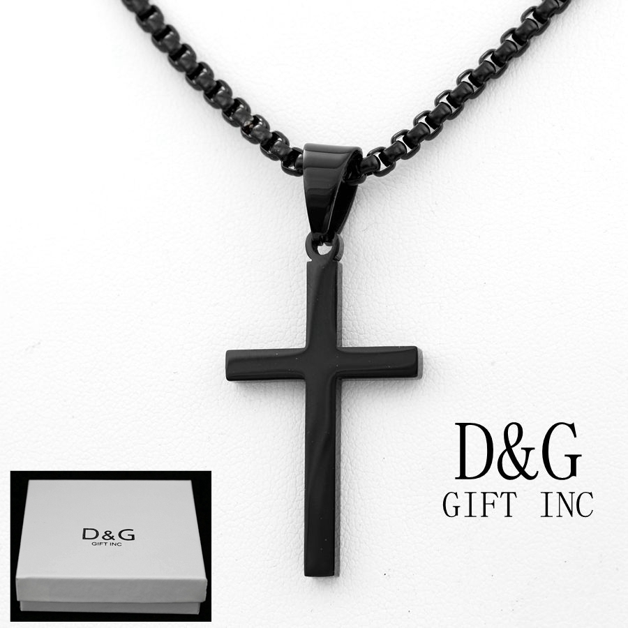 DG Men’s 20″ Black,Stainless-Steel.Box Chain CROSS Pendant Unisex Ion Plated*BOX