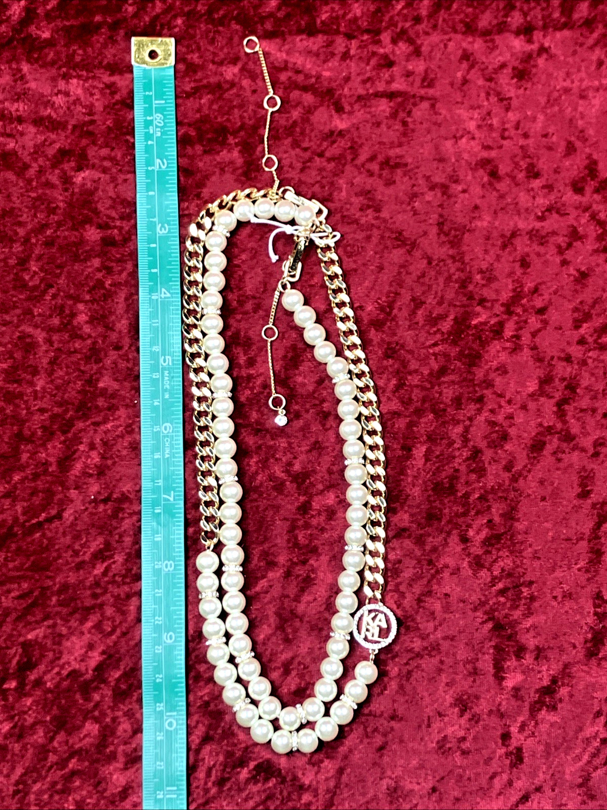 Karl Lagerfeld Gold Tone Imitation Pearl Omega Double Row Necklace NWOT