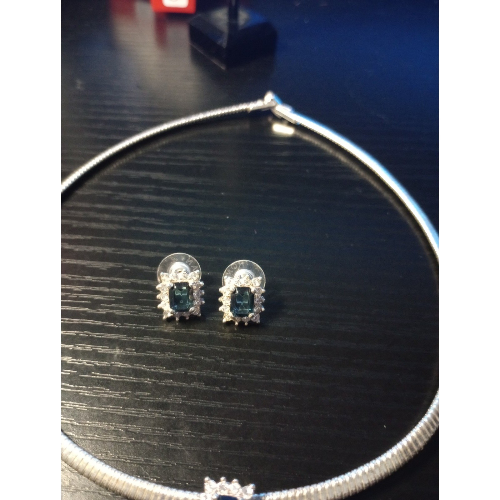 Roman Inc Blue Emerald Cut Crystal Halo Necklace & Stud Earring Set Silver Tone