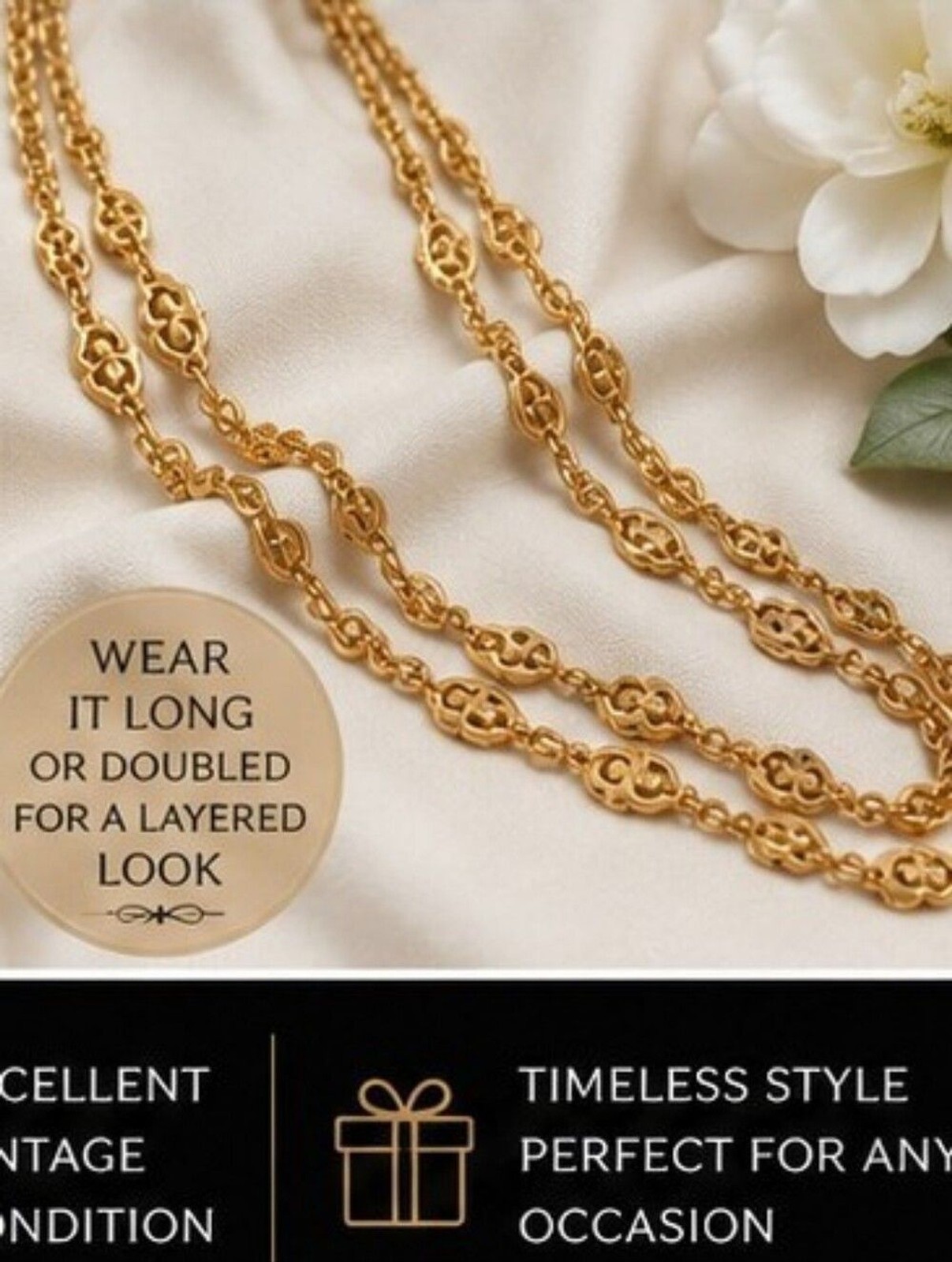Vintage Crown Trifari Gold Tone Opera Length Necklace Heavy Scroll Link Chain