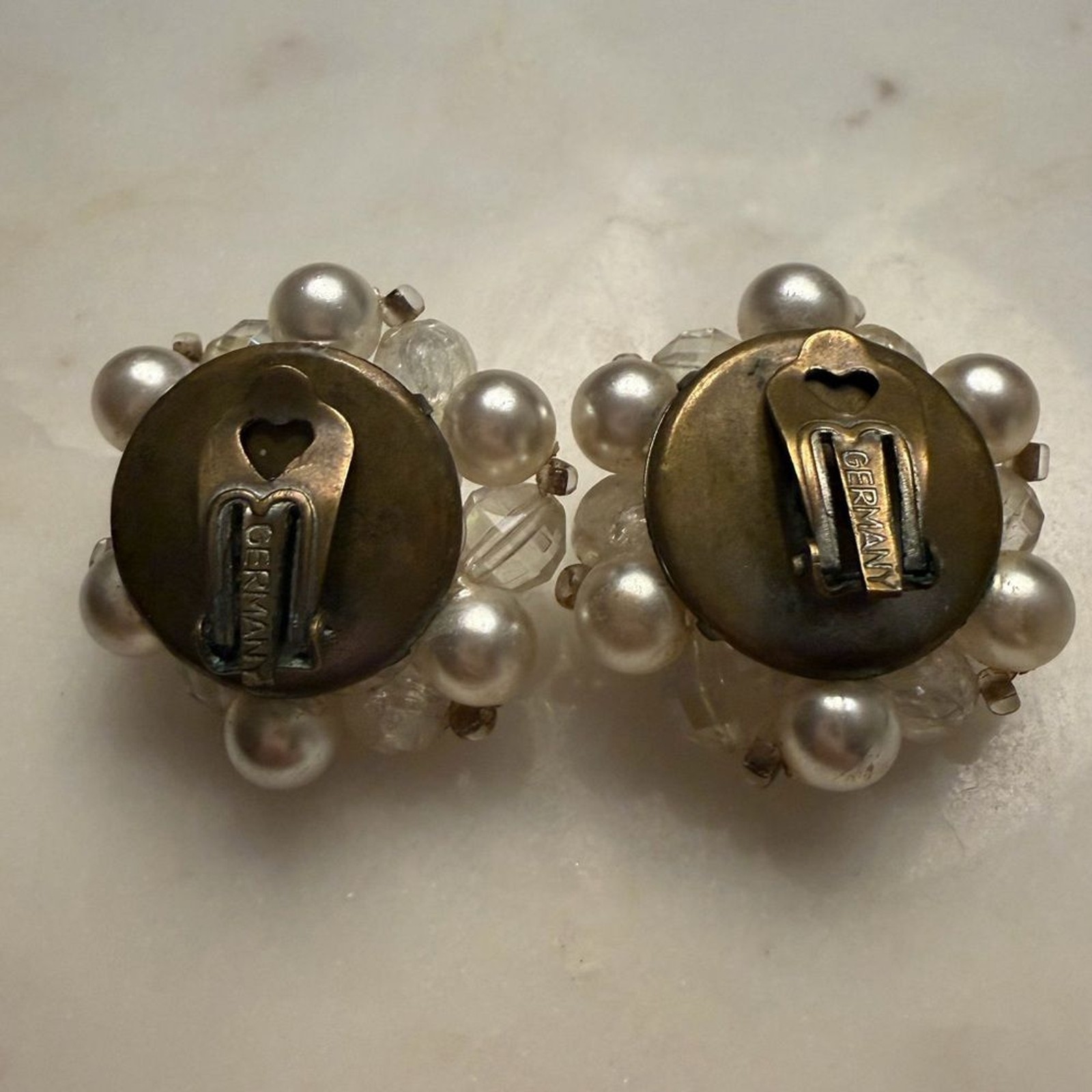 Vintage Beaded Faux Pearl AB Cluster Clip-On Earrings Made in Germany